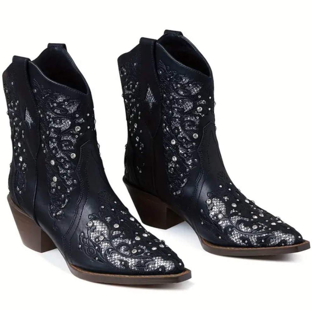 Western black laser cut silver glittery short boots NEW in box - Picture 7 of 7